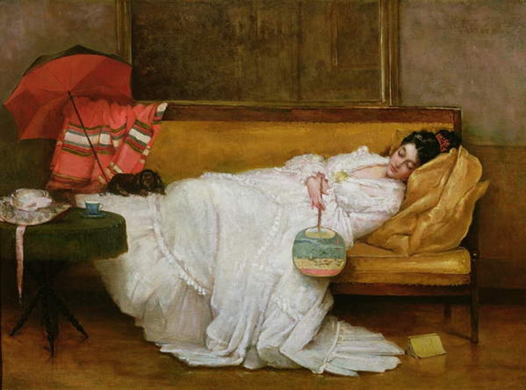 Detail of Girl in a white dress resting on a sofa by Alfred Emile Stevens