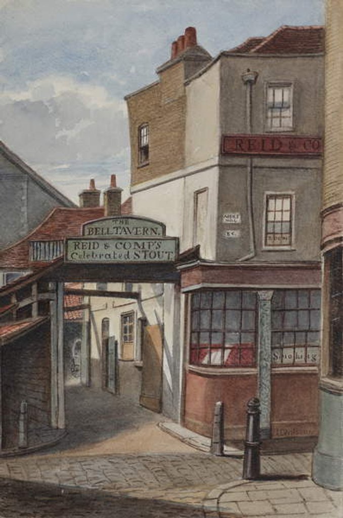 Detail of View of Bell Tavern, Addle Hill, showing sign for Reid and Company's celebrated stout, and a kerb post, 1868 by Joseph Thomas Wilson
