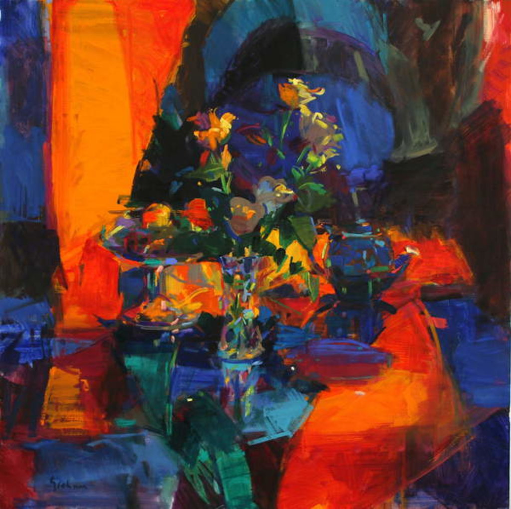 Detail of Roses on a Blue Ground by Peter Graham