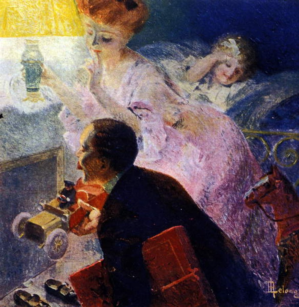 Detail of Christmas night: parents hide toys to prepare a surprise for their little daughter. 1907. by Rene Lelong