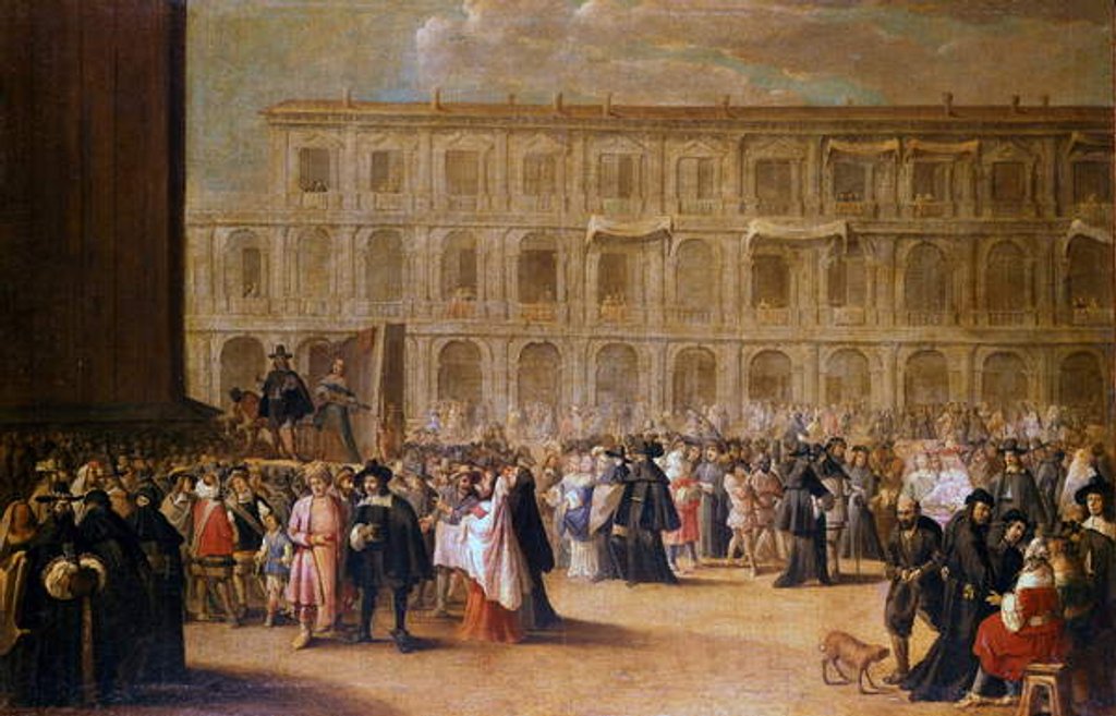 Detail of Actors in front of a representation of St. Marks Square by Italian School