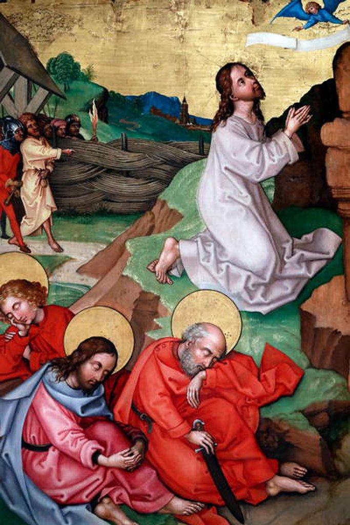 Detail of Jesus praying in the gardenof Gethsemane after the Last Supper, while the disciples sleep by Martin Schongauer