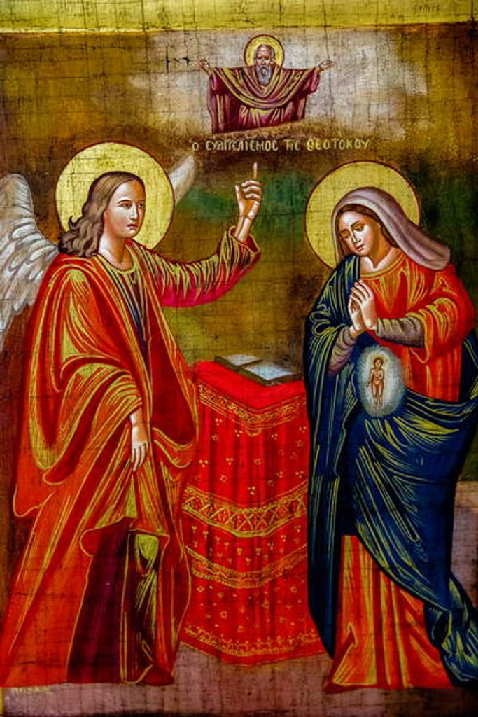 Detail of Painting in the Greek orthodox church of the Annunciation, Nazareth, Israel, The Annunciation, 2018 by Anonymous