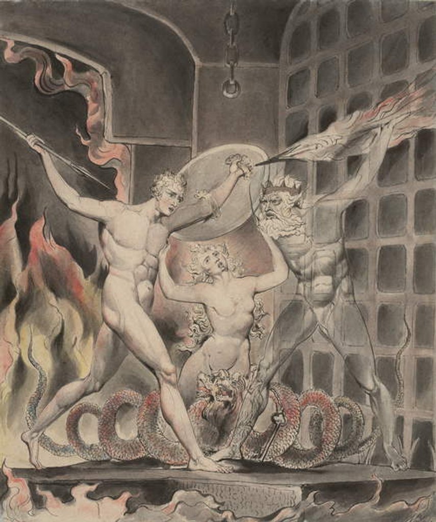 Detail of Illustration 2 to Milton's 'Paradise Lost': Satan, Sin, and Death: Satan Comes to the Gates of Hell, 1807 by William Blake