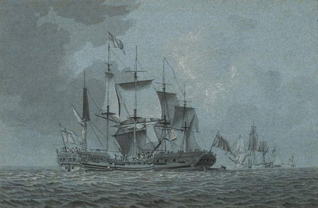 Detail of An Admiralty yacht coming alongside a man-o-war which has hove-to to await her arrival, with other vessels beyond by Robert Cleveley