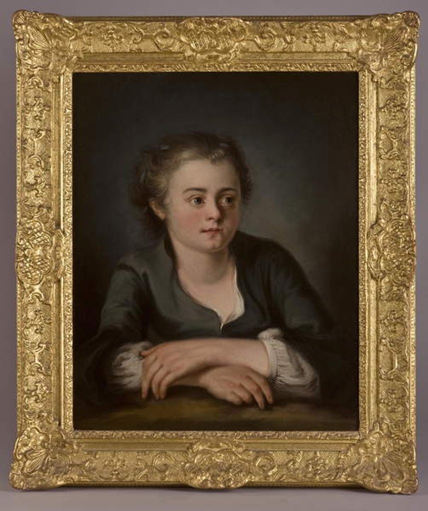 Detail of Portrait of a young girl, wearing a green dress and white chemise, seated before a table by French School