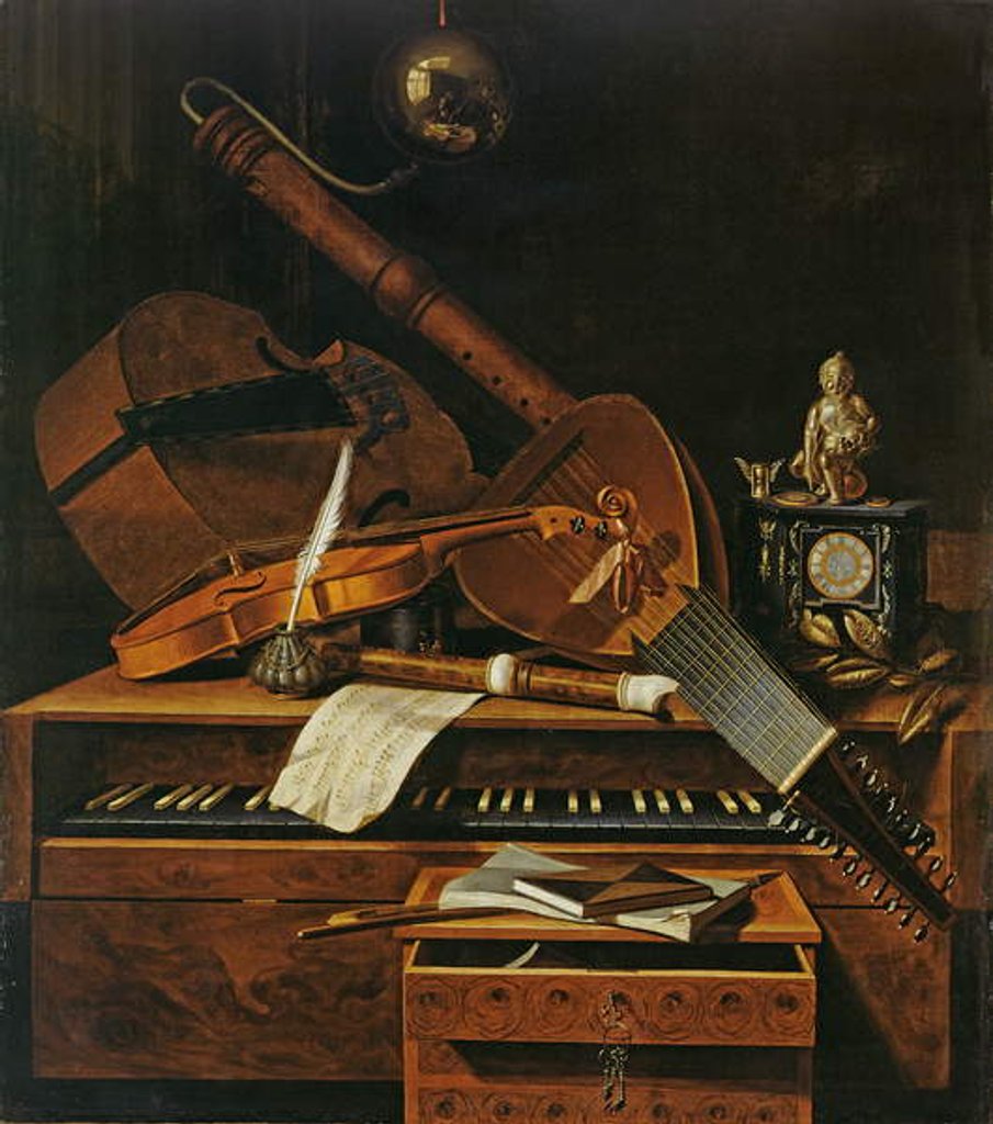 Detail of Still life with musical instruments by Pieter Gerritsz. van Roestraten