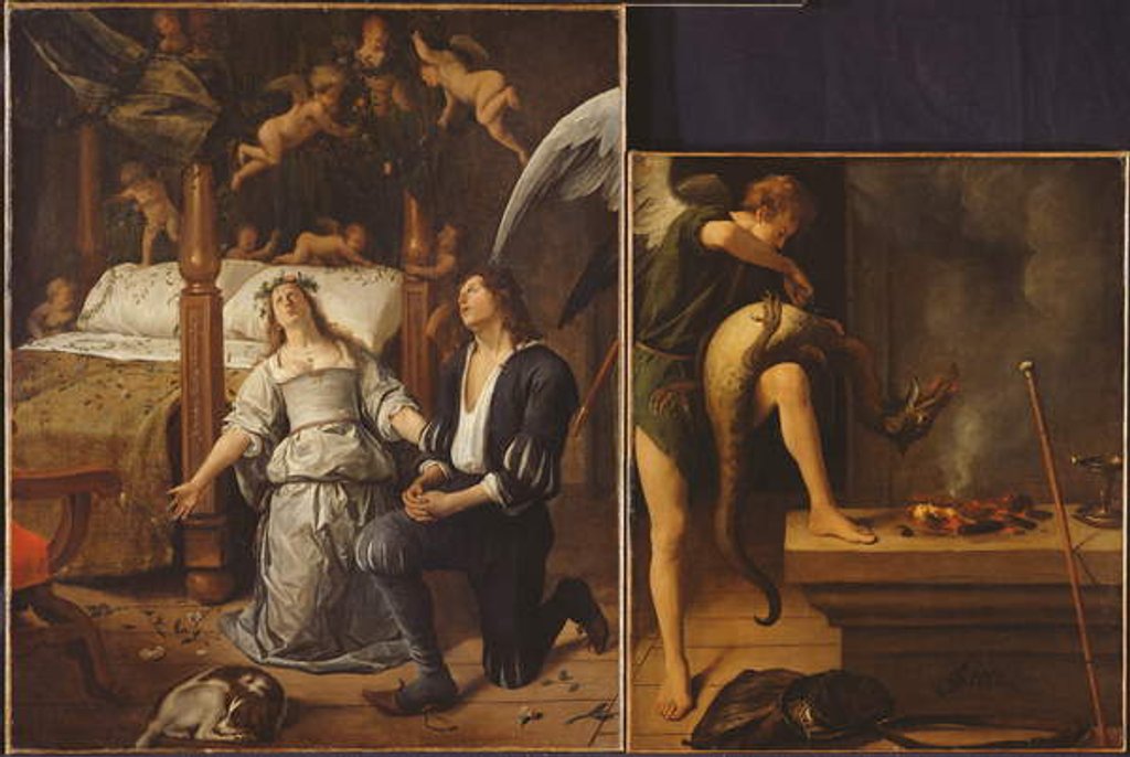 Detail of Tobias and Sarah with the Archangel Raphael exorcising the demon Asmodeus, reassembled from two separated fragments by Jan Havicksz. Steen