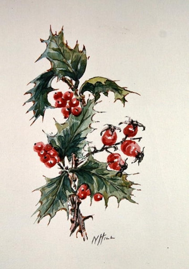 Detail of Holly and rosehips by Nell Hill
