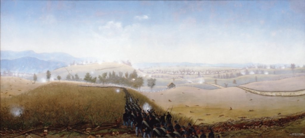 Detail of The 7th Maine advancing over bodies of Confederates in the 'Sunken Road' by James Hope