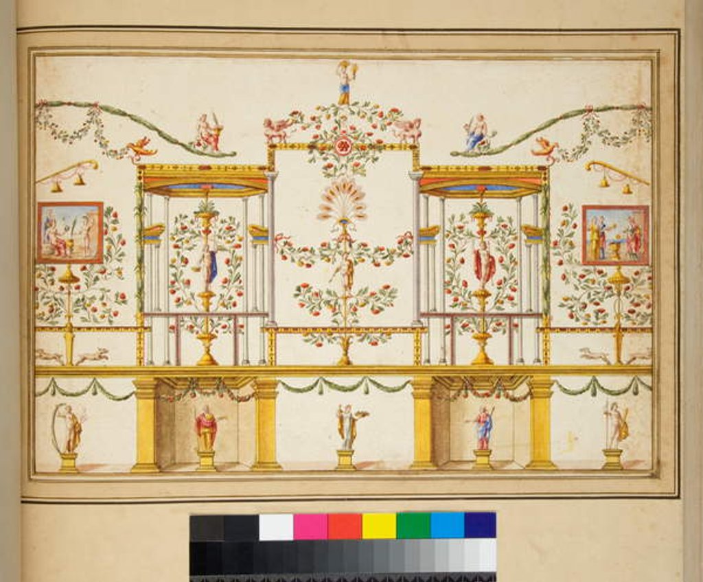 Detail of Large design of a wall with paintings. by Pietro Santi Bartoli