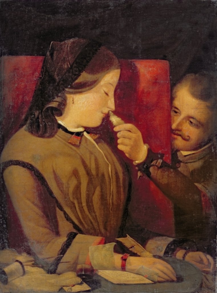 Detail of Man Tickling a Woman's Nose with a Feather, c.1860 by Thomas Wade