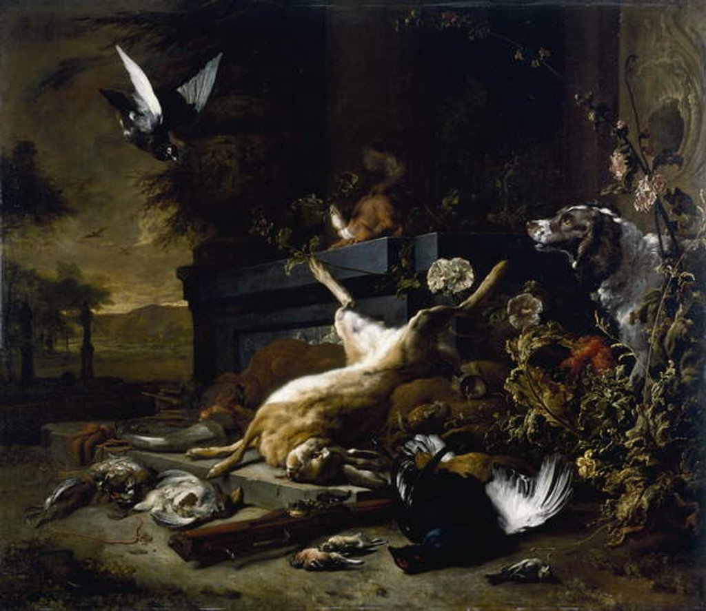 Detail of Still Life of Game including a Hare, Black Grouse and Partridge, a Spaniel looking on with a Pigeon in Flight, c. 1680 by Jan Weenix