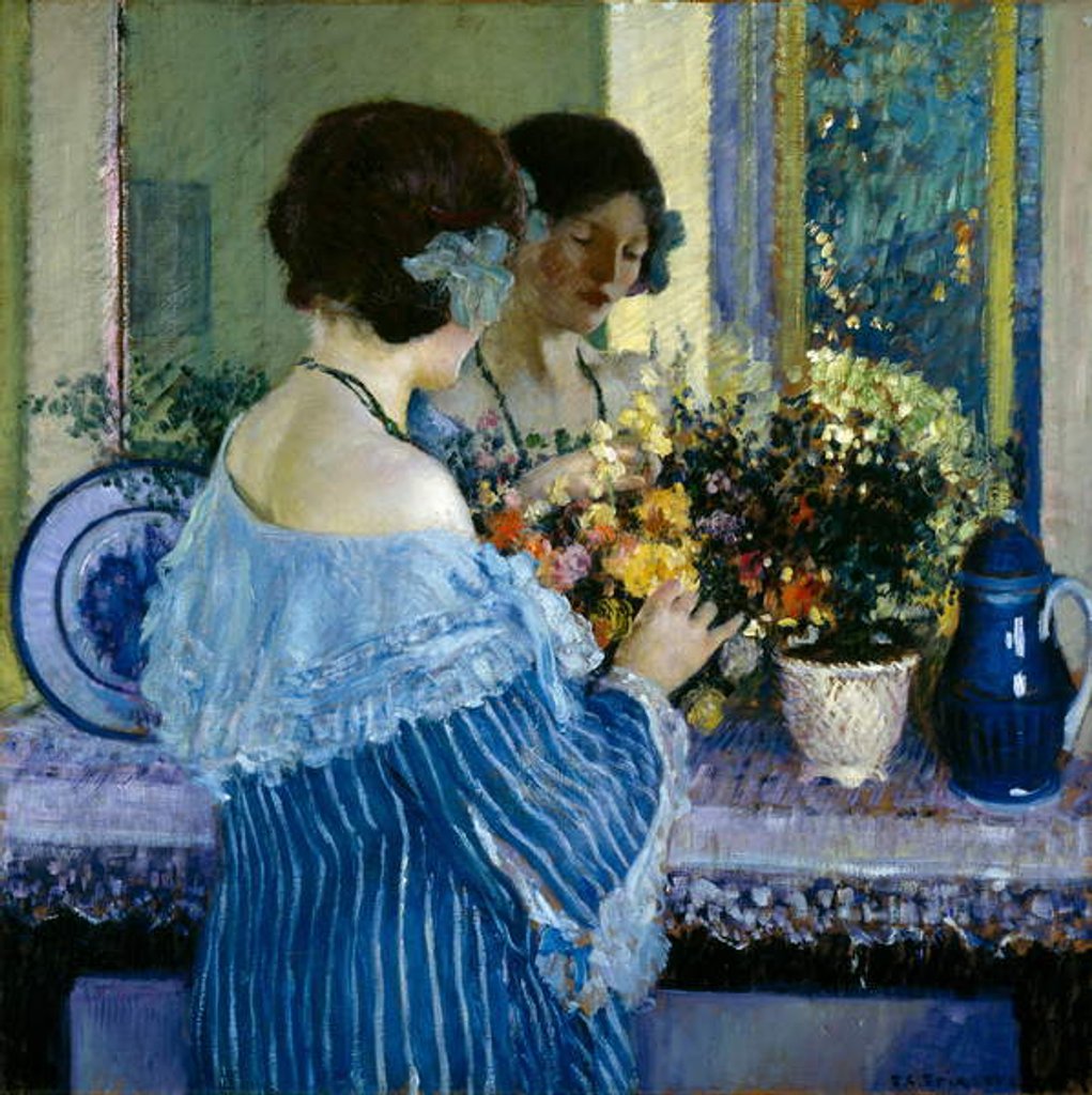 Detail of Girl in Blue Arranging Flowers by Frederick Carl Frieseke