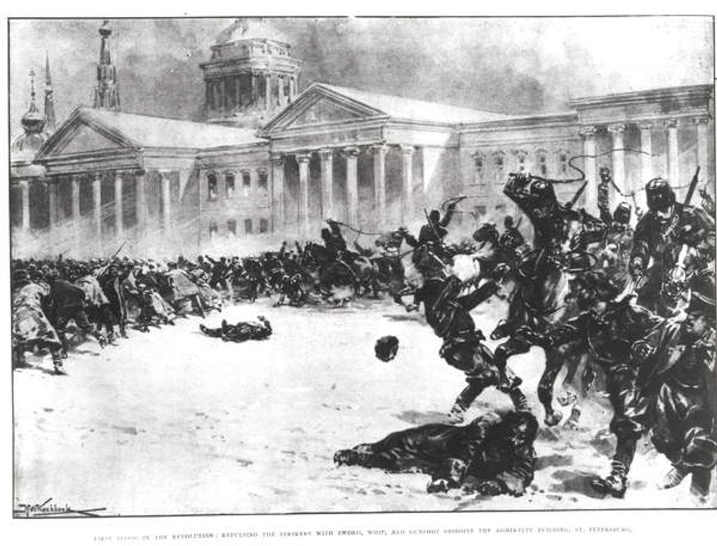Detail of First Blood in the Revolution: Repulsing the Strikers with Sword, Whip and Gunshot opposite the Admiralty Building, St. Petersburg, 1905 by H.W. Kockkock