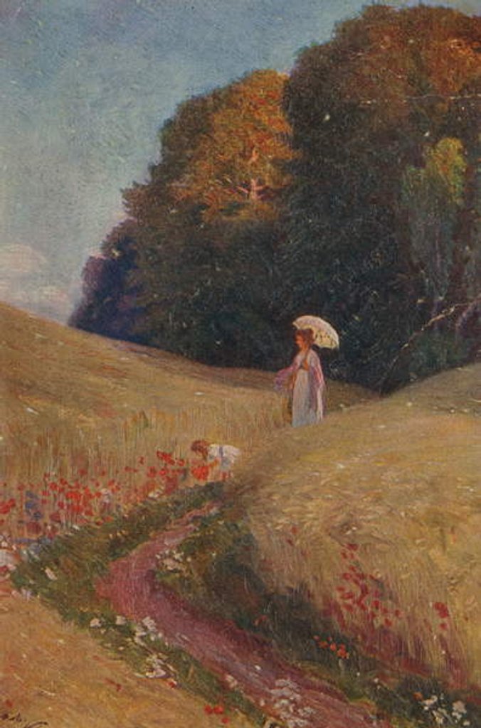 Detail of Historic greeting card after a painting, Mother and daughter walking in a flower meadow by Unknown Artist