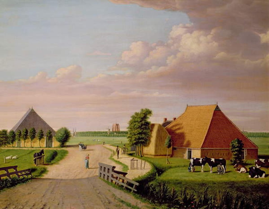 Detail of A study of Leevwarden in Holland with a herd of Friesian cattle in the foreground by Dutch School