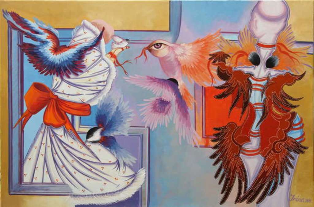 Detail of Red Ribbon and Chickadees, 2015 by Irina Corduban