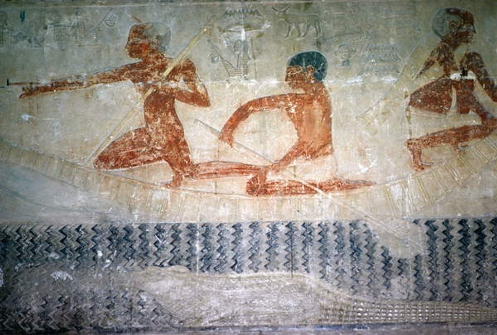 Detail of Fishermen and a crocodile from the North wall of the Mastaba Chapel of Ti, Old Kingdom by Egyptian 5th Dynasty