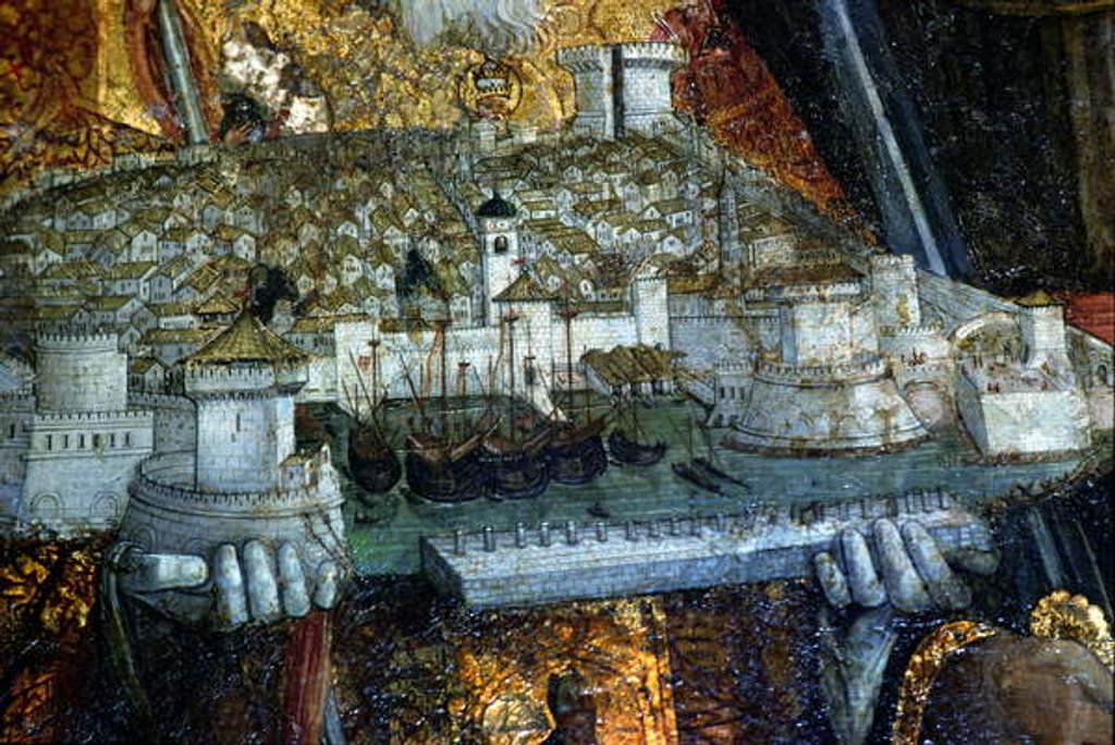 Detail of The walled city carried by St. Blaise by Nikola Bozidarovic