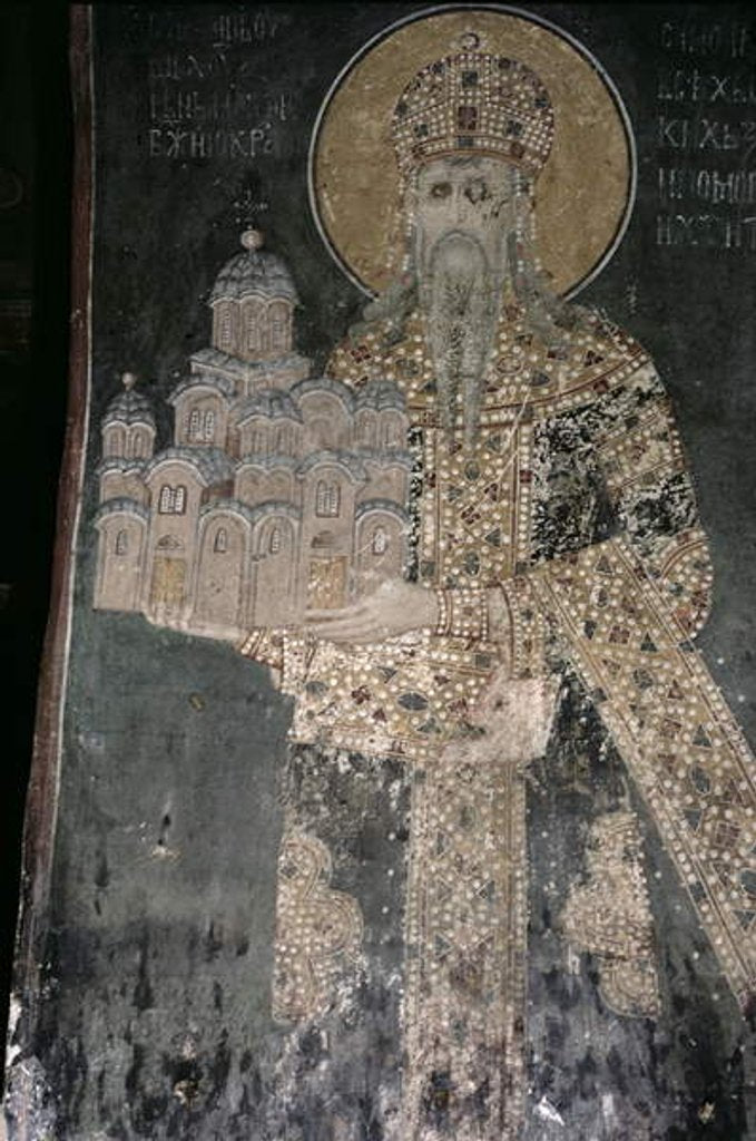 Detail of King Stephen Uros II Milutin with a model of the church, 1311-21 by Serbian School