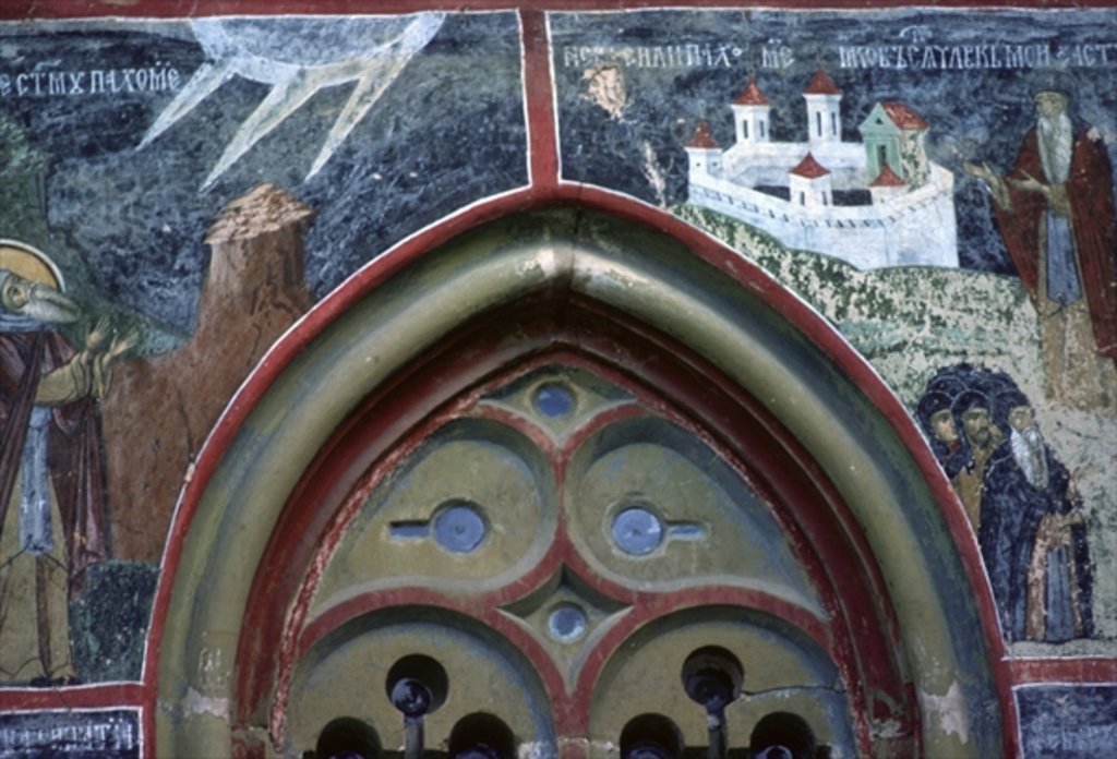 Detail of Gothic window and the life of St Pachomius by Romanian School