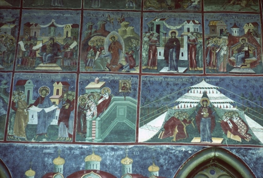 Detail of Hymn to the Virgin, south wall of the church, c.1601 by Romanian School