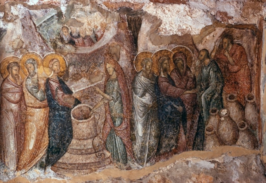 Detail of Marriage at Cana, narthex wall painting, Afendiko church, Brontochion Monastery by Greek School