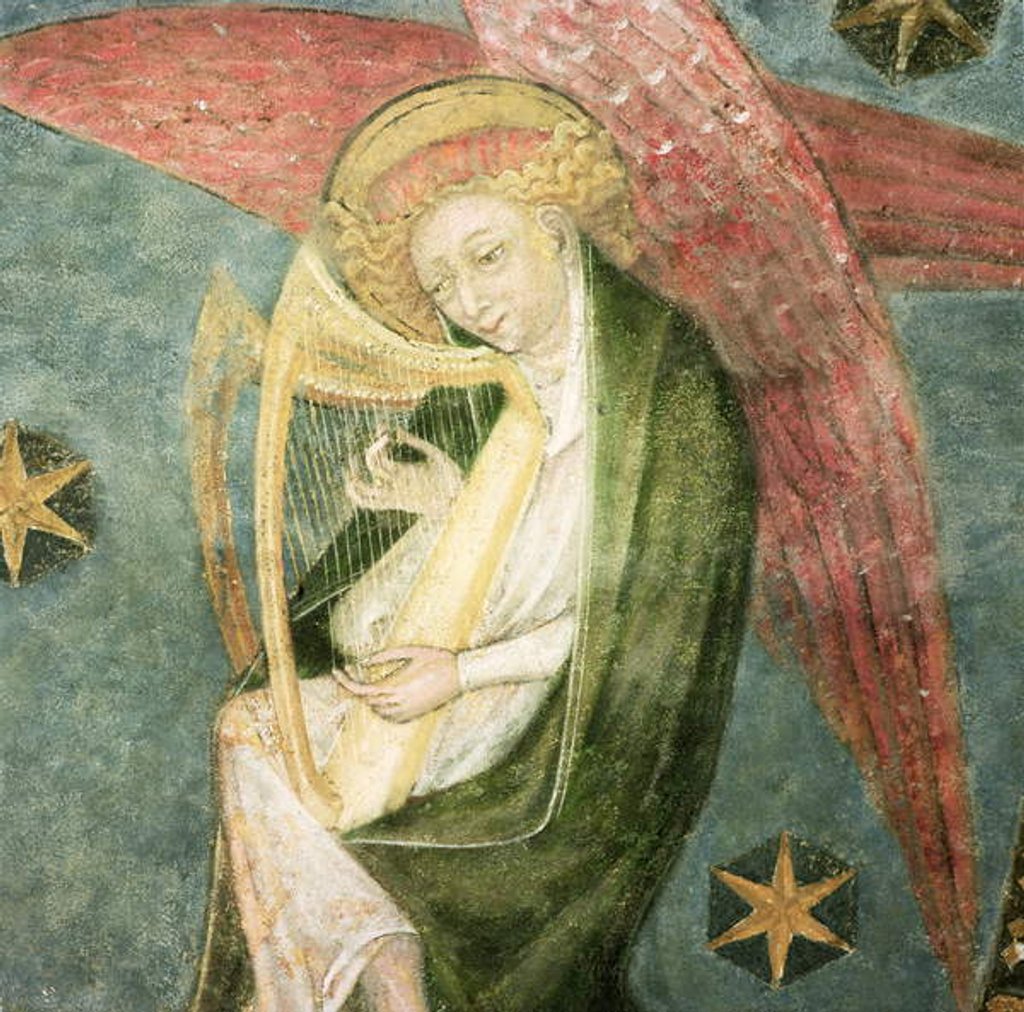 Detail of Angel musician playing a harp by French School