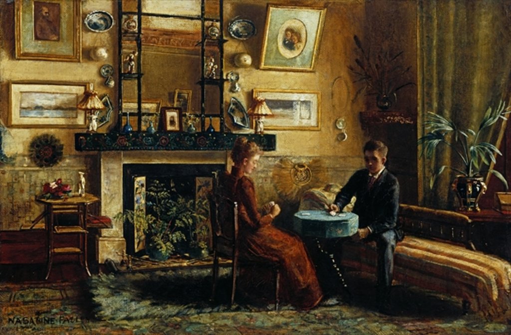 Detail of Interior with a couple playing cards, 1887-91 by Nancy A. Sabine Pasley