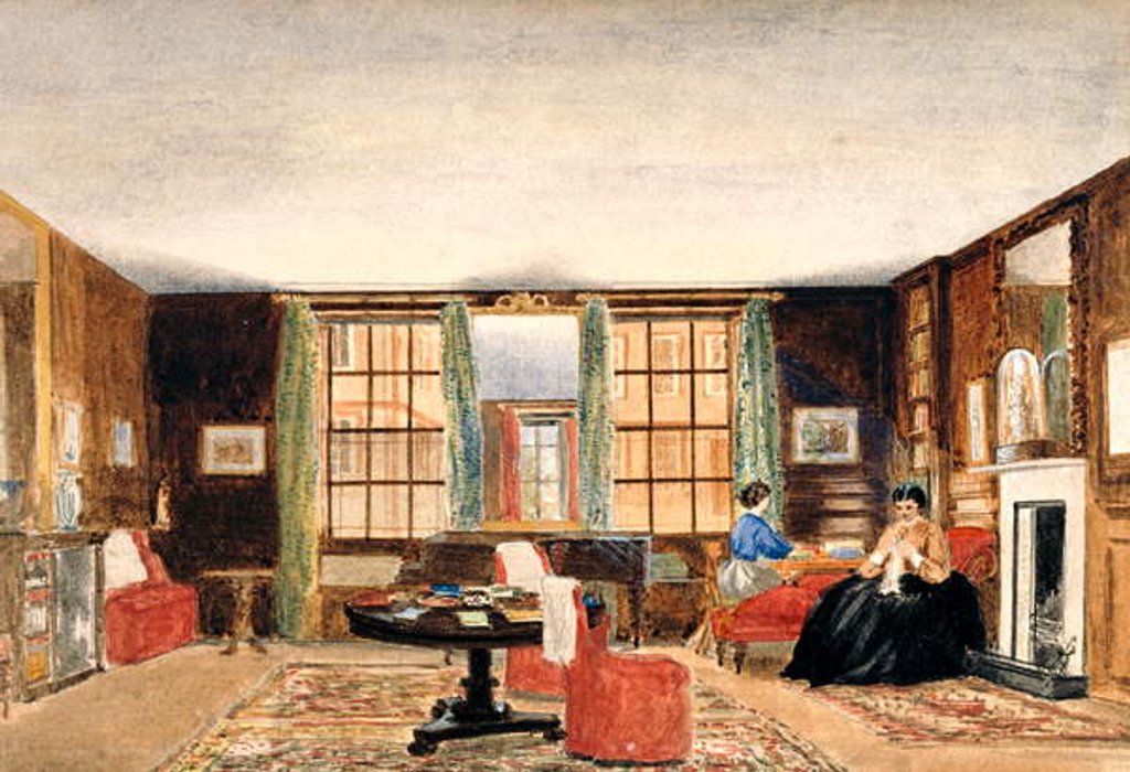 Detail of A drawing room with two seated women, c.1850 by Unknown Artist