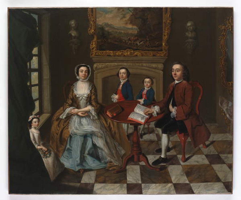 Detail of Portrait of a family in an interior, thought to be the Roubel family, 1750s by English School