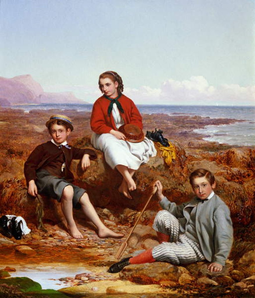 Detail of Florence, Arthur and Charles Moore on a sea-shore, 1868 by William Crosby