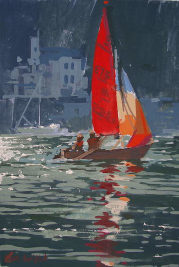 Detail of Red sail boat Salcombe - gouache - 2008 by Jennifer Wright