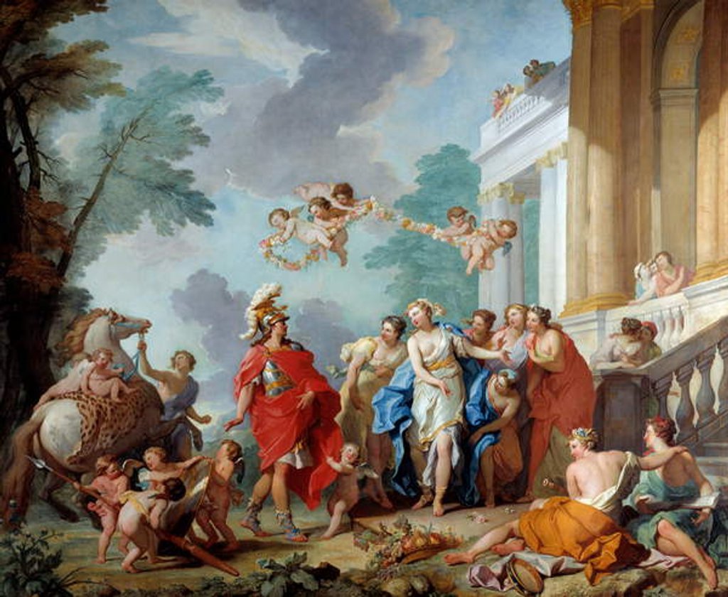 Detail of Ruggiero arrives at Alcina's house, having shot down a giant who stood guard at the bridge by Hyacinthe Collin de Vermont