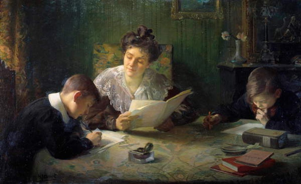 Detail of Homework A mother helps children do their homework, 20th century by Henri Jamet