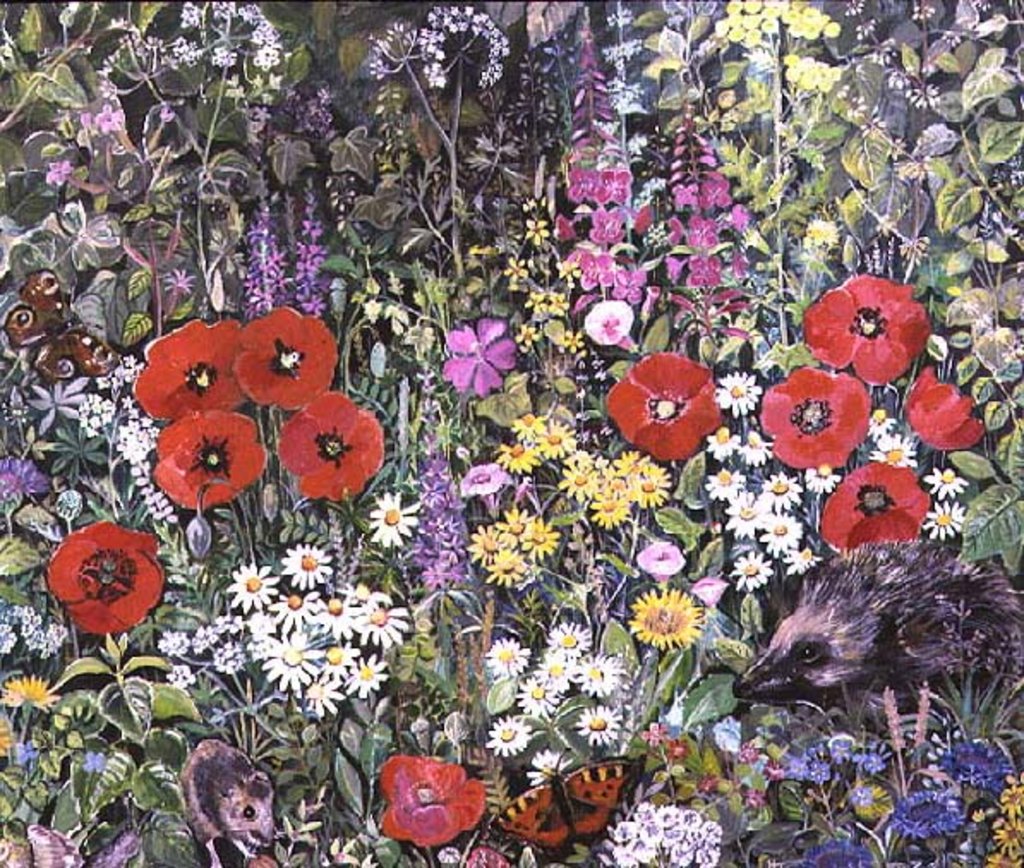 Detail of Hedgehog amongst the Flowers by Hilary Jones