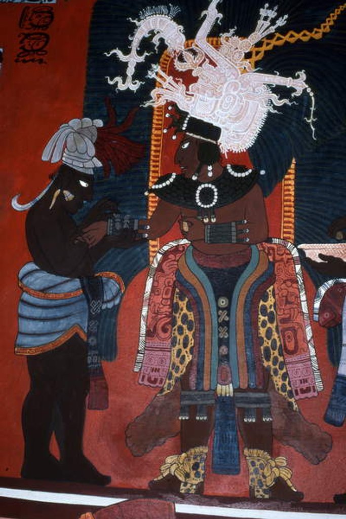 Detail of Reproduction of a mural showing a servant dressing a ruler for a ceremony by Mayan Mayan