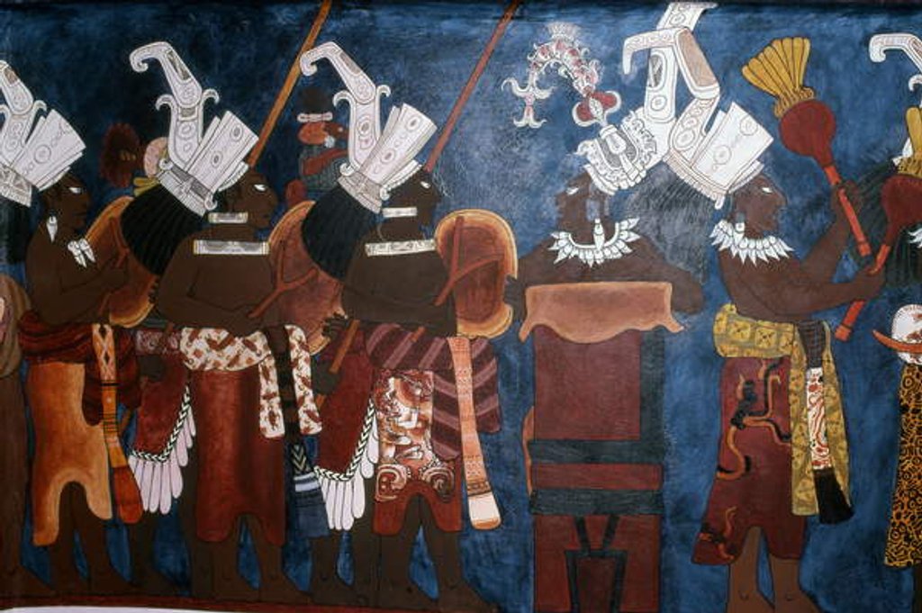 Detail of Reproduction of a mural showing servants and musicians during a ceremony by Mayan Mayan