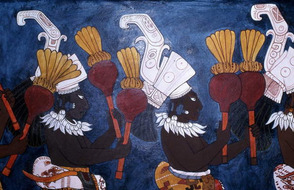 Detail of Reproduction of a mural showing musicians with rattles during a ceremony by Mayan Mayan