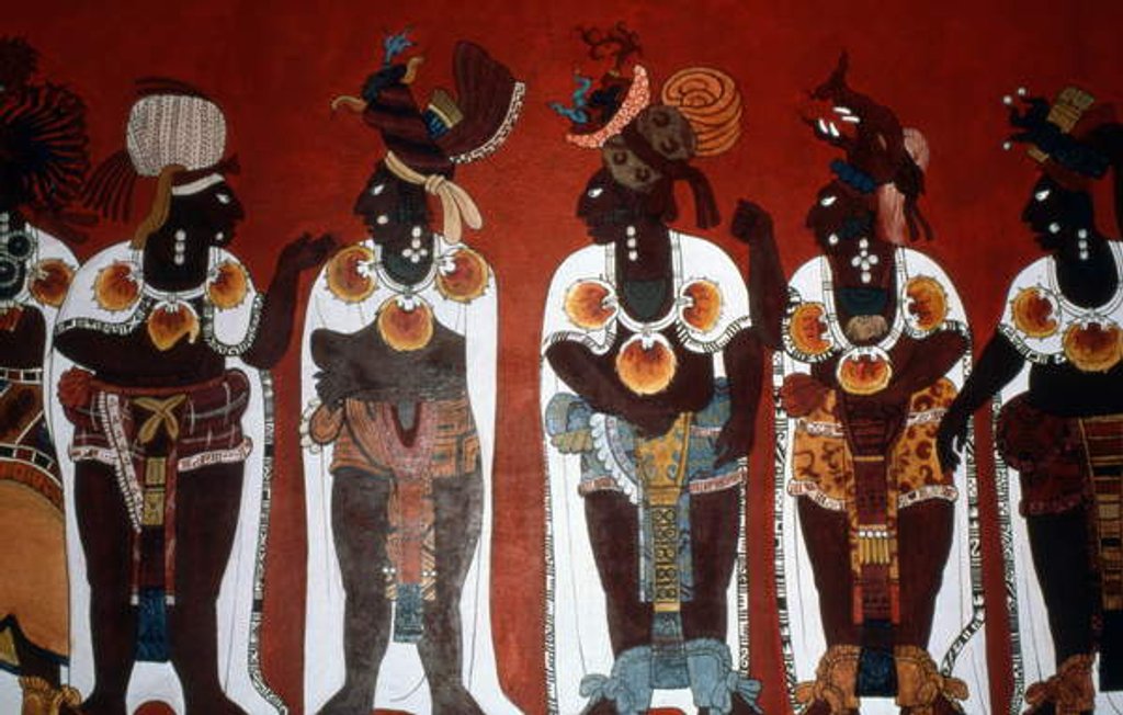 Detail of Reproduction of a mural showing noble men dressed for a ceremony by Mayan Mayan