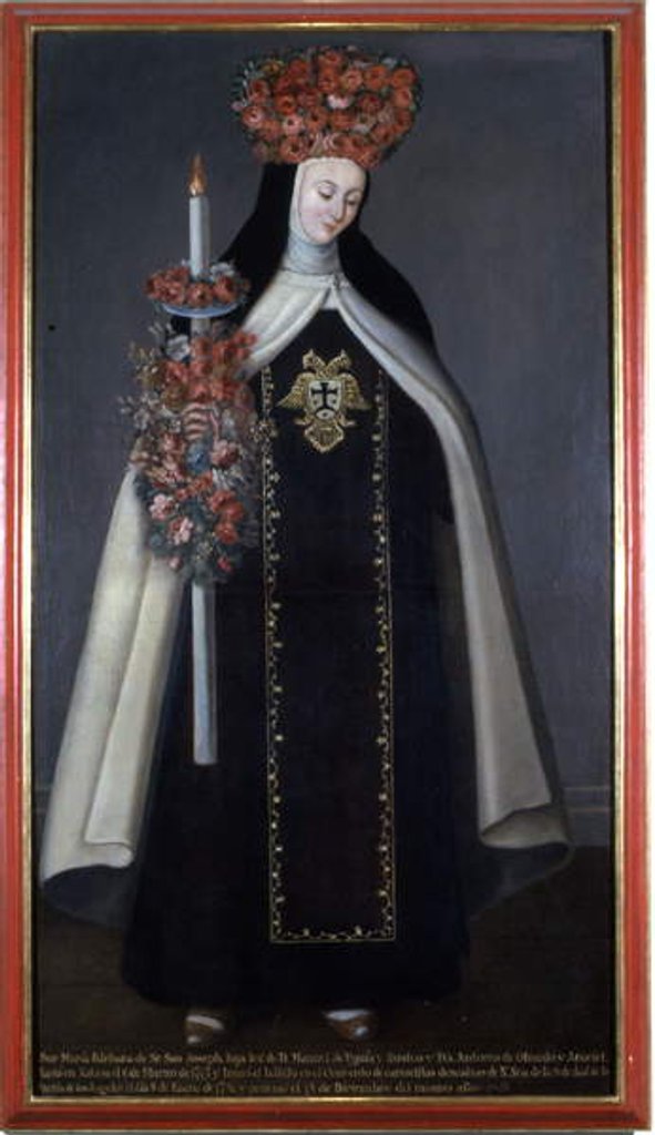 Detail of Sister Maria Barbara de St. Joseph crowned with flowers, Convento de las Carmelitas, Puebla, Mexico by Mexican School