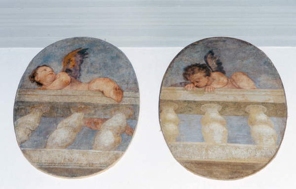 Detail of Two winged putti climbing over a balustrade, roundels from the sacristy by (1528-88) Veronese