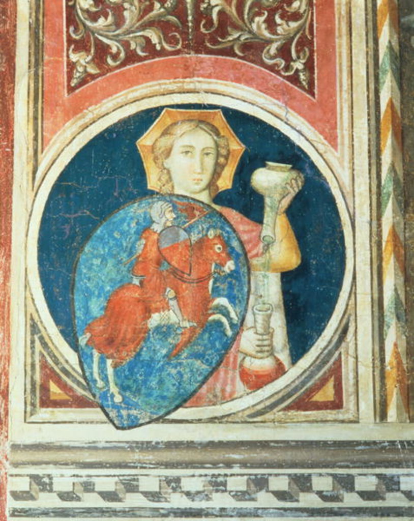 Detail of Allegorical figure of Temperance, one of several depictions of the Virtues framing Militant Justice from the Salone del Consiglio 1416-18 by Arrigo di Niccolo