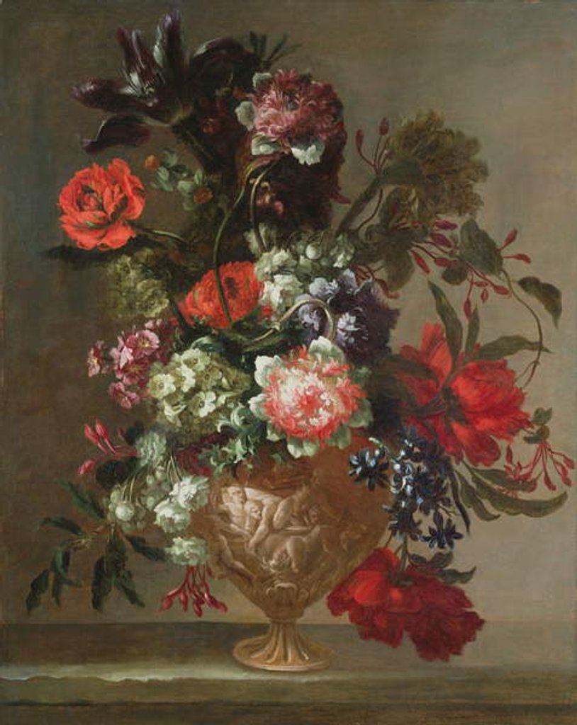 Detail of Still life of flowers in a sculpted vase by Jean-Baptiste Monnoyer