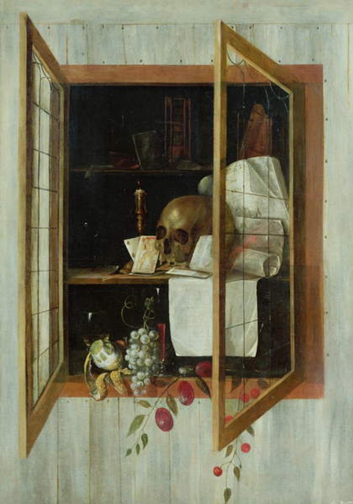 Detail of Vanitas still life seen through a trompe l'oeil window by Cornelis Norbertus Gijsbrechts
