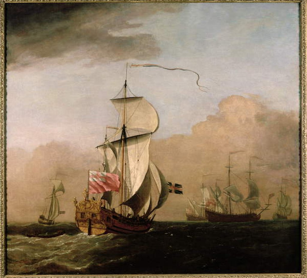 Detail of The Second Duke of Albemarle's Ketch with a yacht to the left and three warships in the distance to the right by Willem van de the Younger Velde