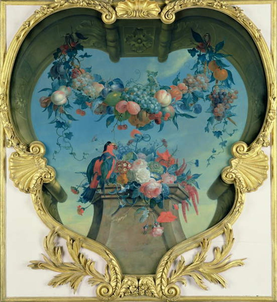 Detail of Festoon of Fruits Hanging over a Pedestal with Flowers and a Red-Green Parrot, c. 1730-31 by Coenraet Roepel