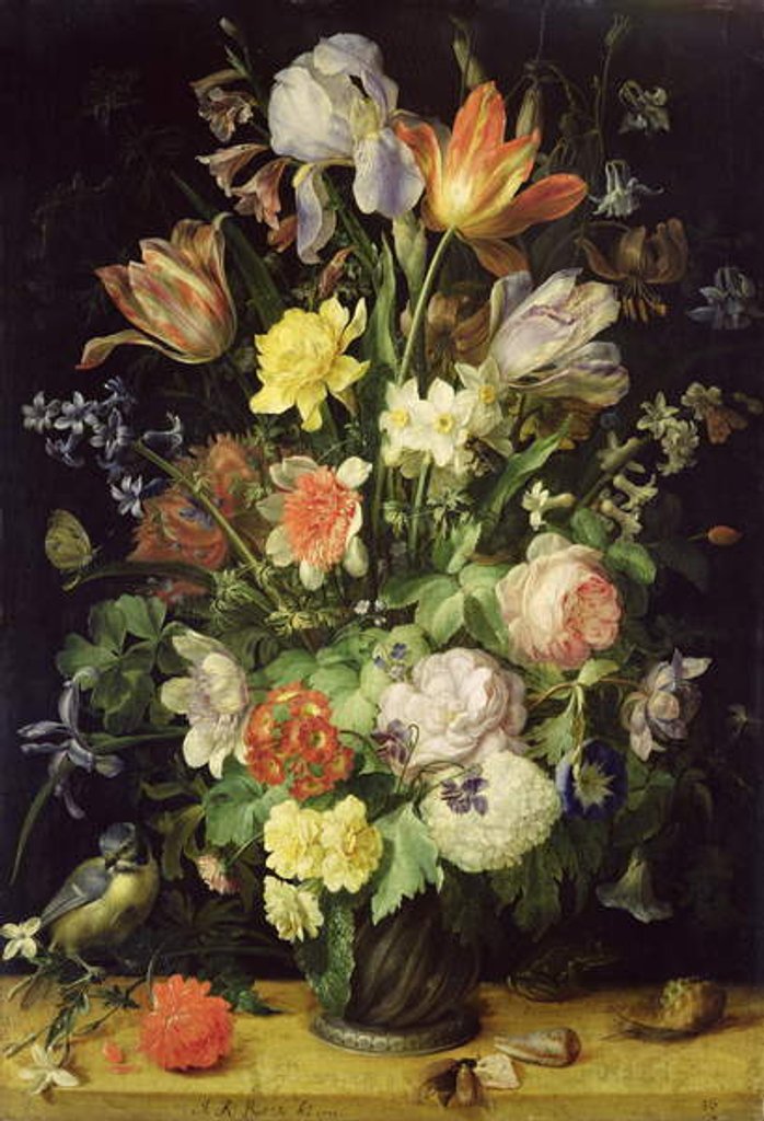 Detail of Still Life with Flowers and Blue Tit by Johann Rudolf Byss