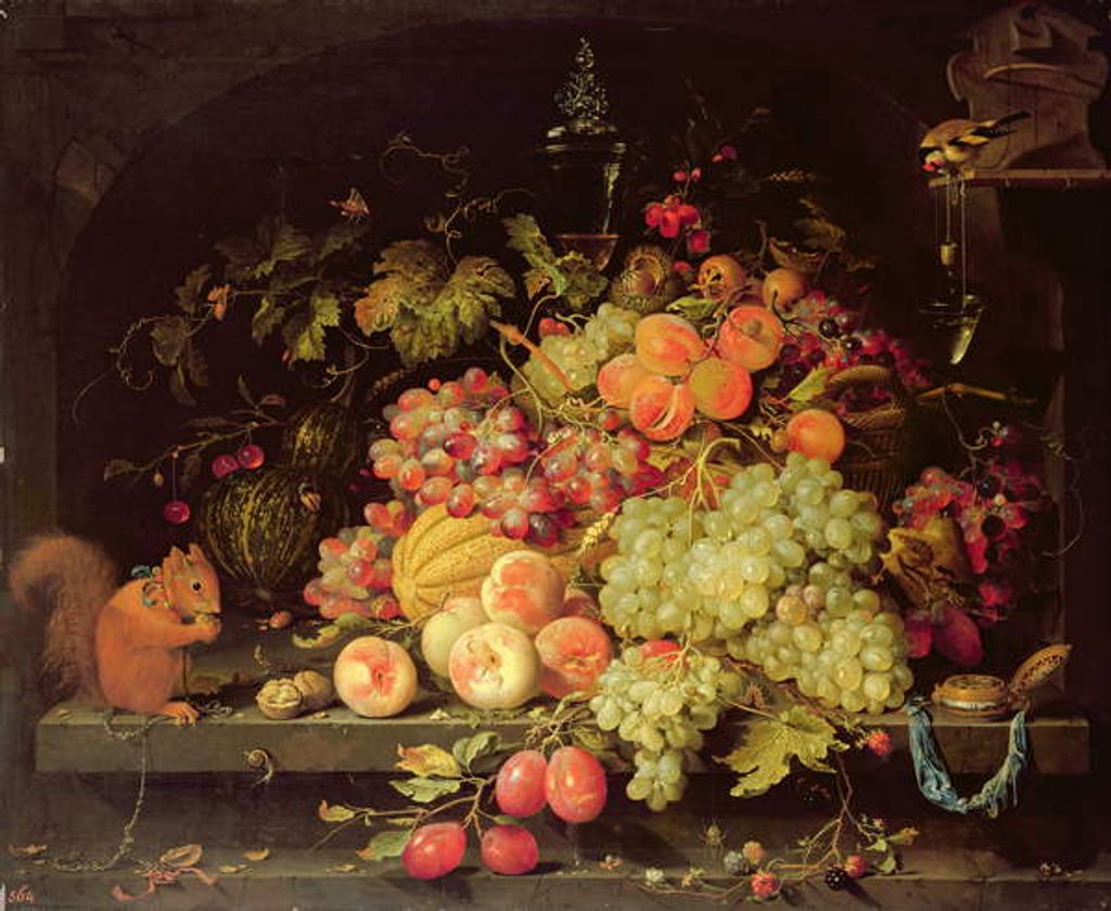 Detail of Still Life with Fruit, Squirrel and Goldfinch by Abraham Mignon